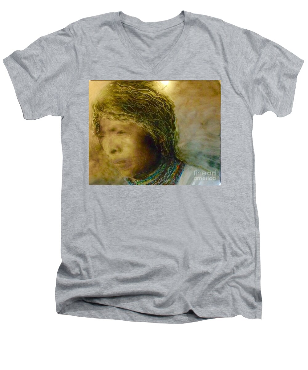 Global Woman Native Woman Native American Spiritual Indegenous Aboriginal First Nation Native American Men's V-Neck T-Shirt featuring the painting My memory walks before me by FeatherStone Studio Julie A Miller