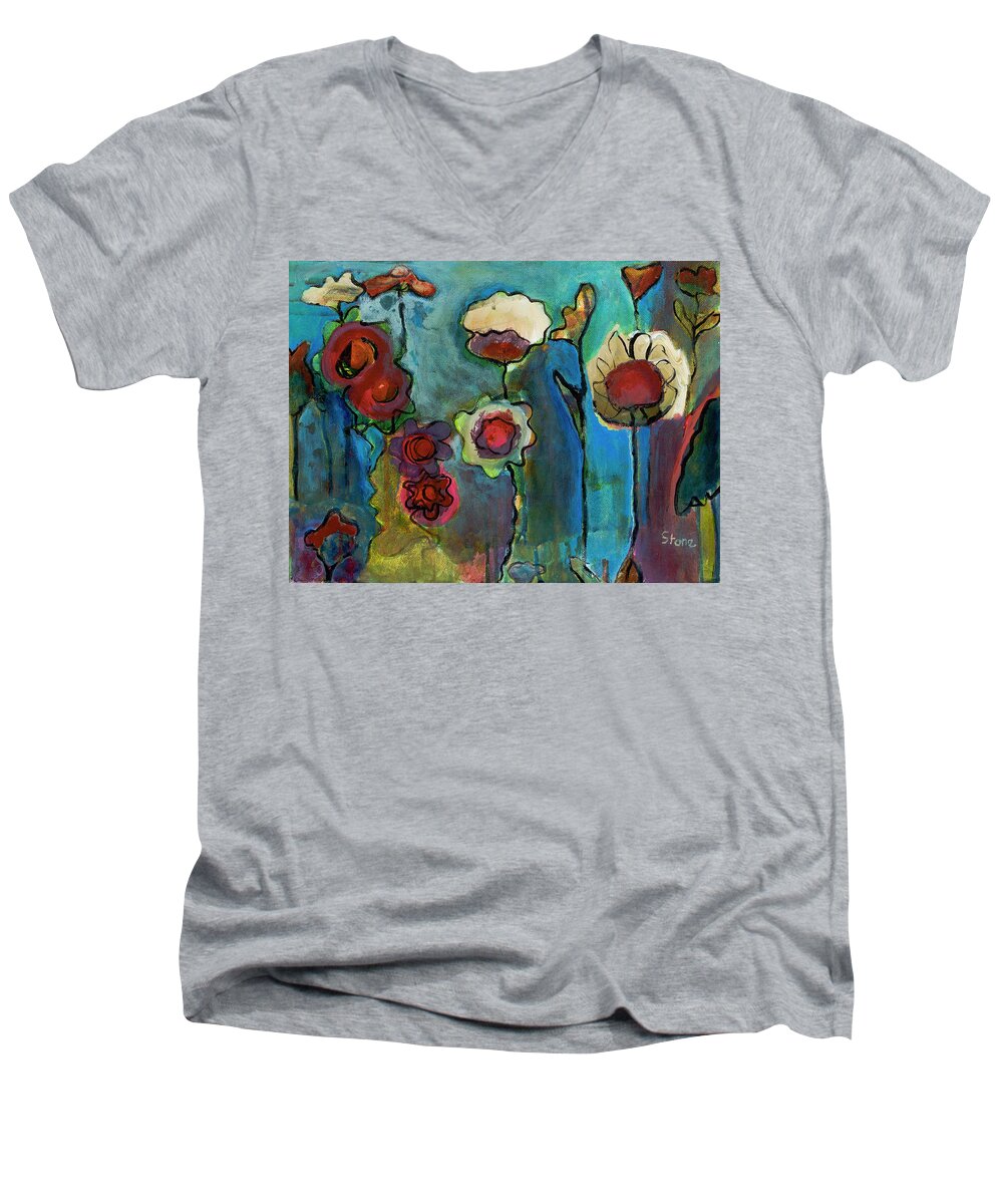 Red Pink Flowers On Blue Background Men's V-Neck T-Shirt featuring the painting My Mother's Garden by Susan Stone