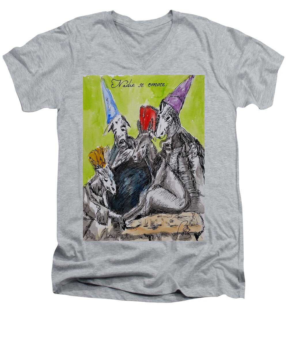 Keywords: Politician Men's V-Neck T-Shirt featuring the painting Nadie se conoce.Nobody knows himself Satiric Paintings IV by Bachmors Artist