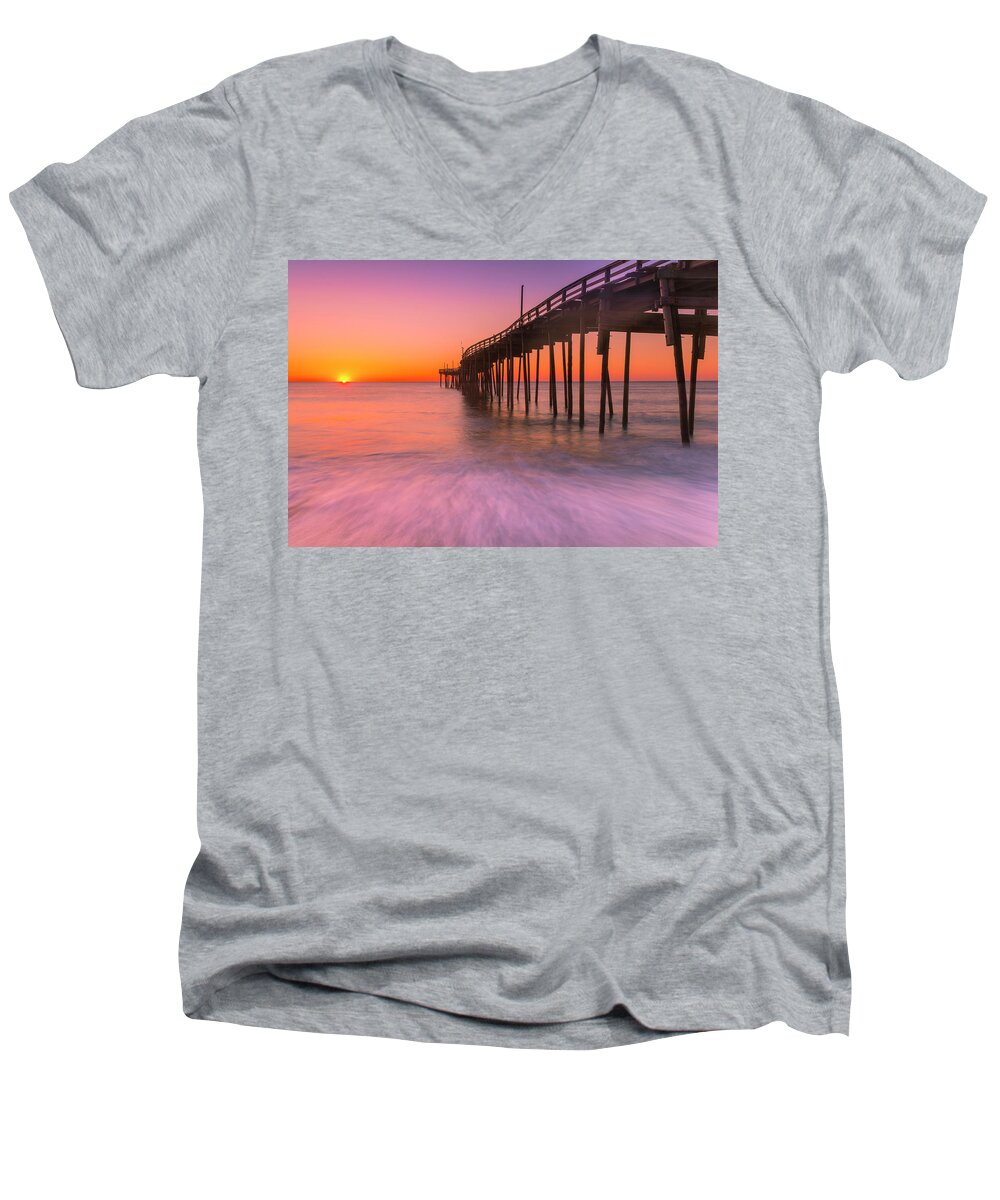 Outer Banks Men's V-Neck T-Shirt featuring the photograph Nags Head Avon Fishing Pier at Sunrise by Ranjay Mitra