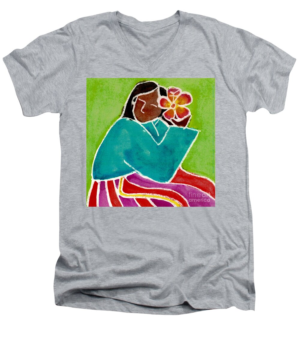 Native Girl Men's V-Neck T-Shirt featuring the painting Native Girl by Jessie Abrams Age Fifteen