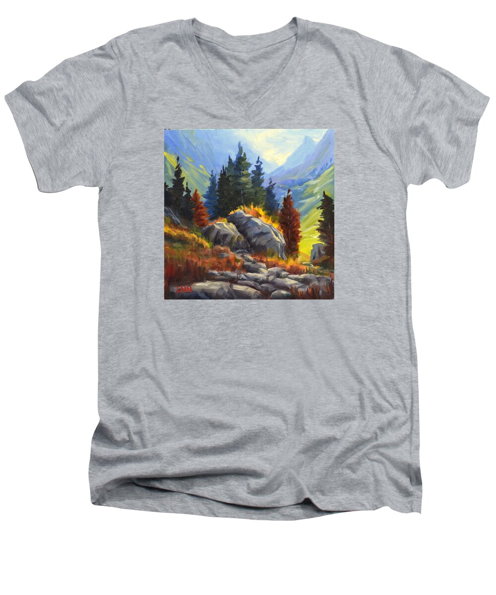 Mountains Men's V-Neck T-Shirt featuring the painting Nature's Delight by Ningning Li