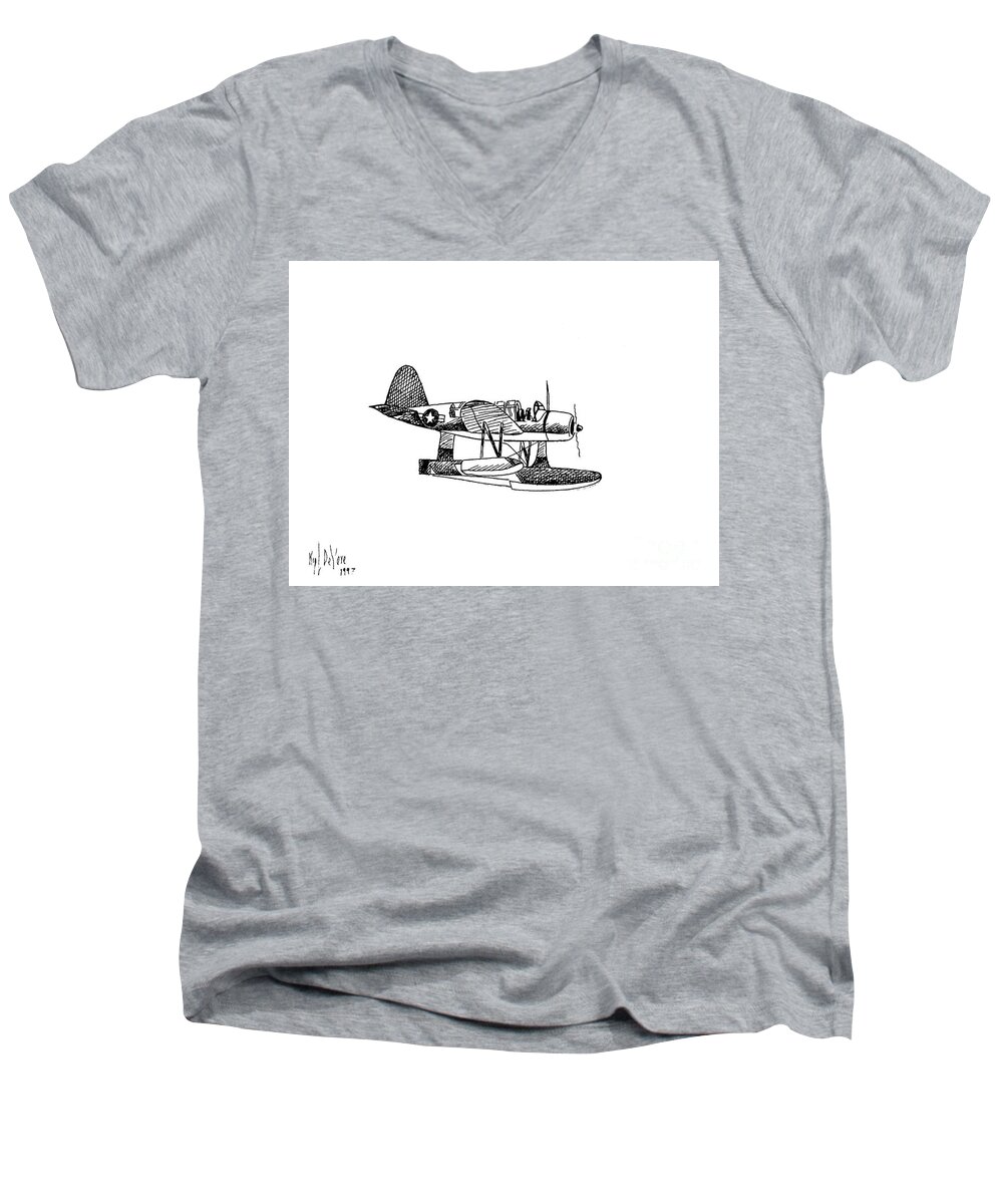 Navy Scout Observation Plane Pen And Ink No Pi201 Men's V-Neck T-Shirt featuring the painting Navy Scout Observation Plane Pen and Ink No PI201 by Kip DeVore