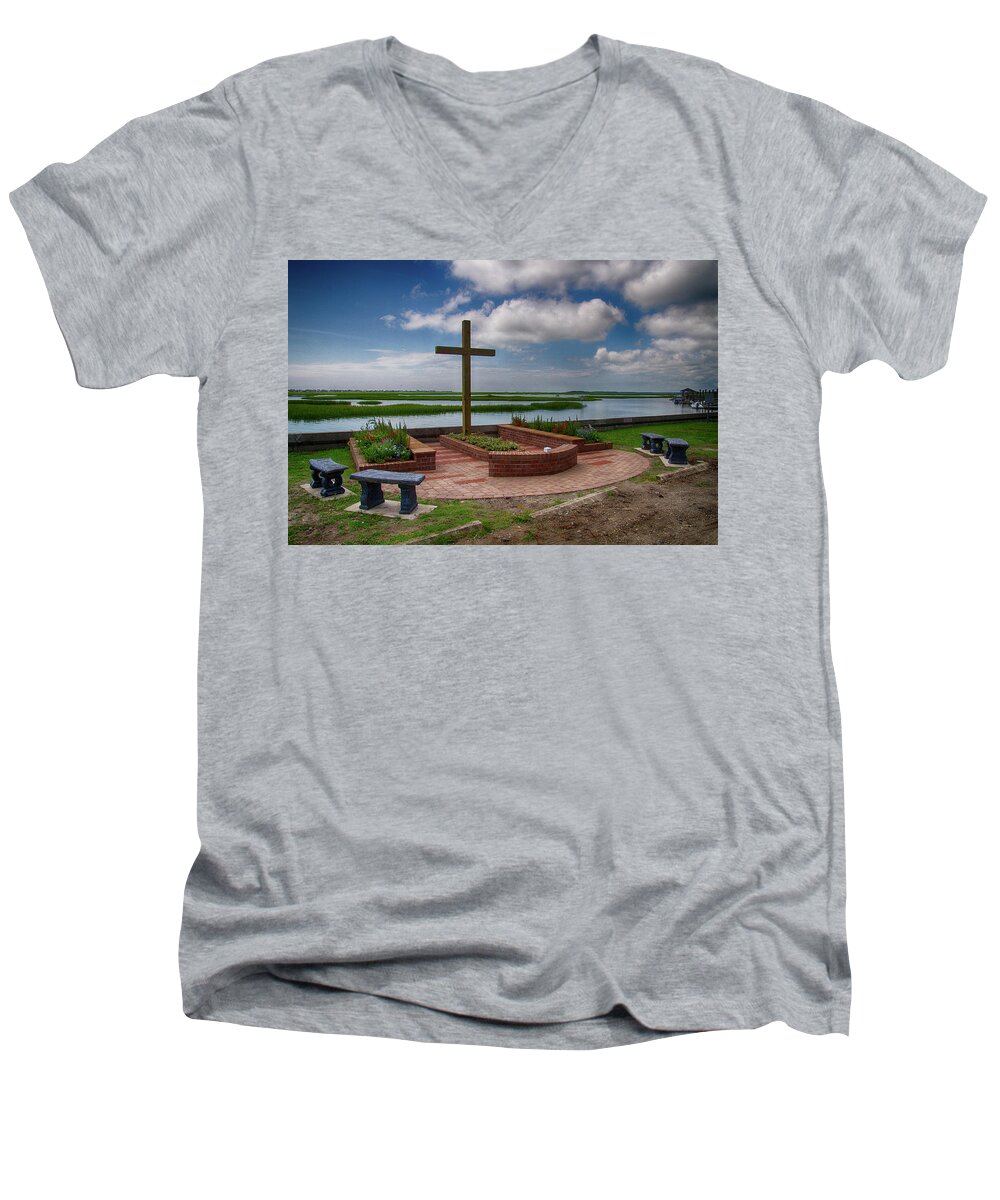 Cross Men's V-Neck T-Shirt featuring the photograph New Garden Cross at Belin UMC by Bill Barber