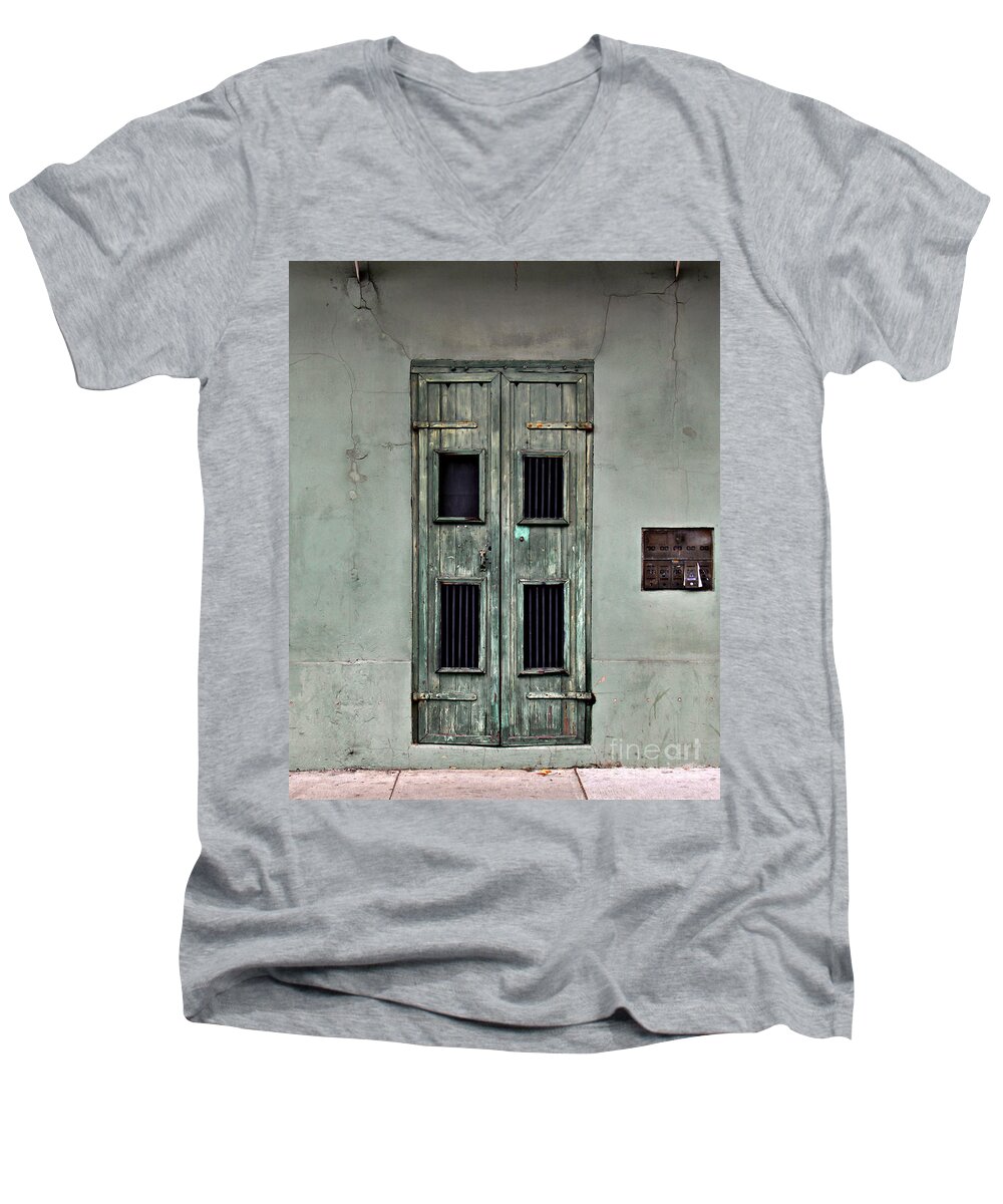 Door Men's V-Neck T-Shirt featuring the photograph New Orleans Green Doors by Perry Webster
