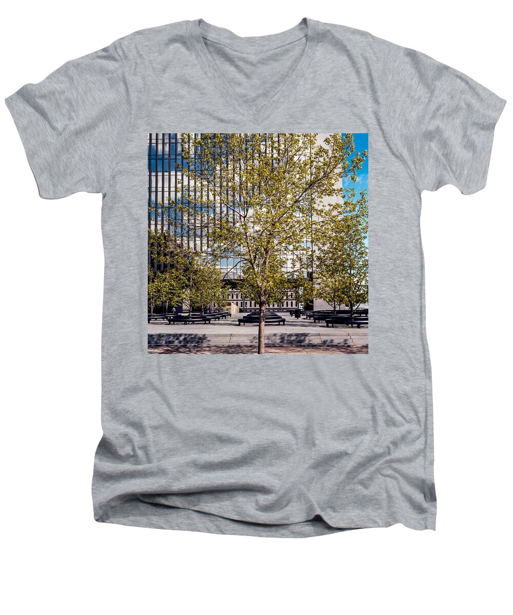 Minneapolis Men's V-Neck T-Shirt featuring the photograph Trees on Fed plaza by Mike Evangelist