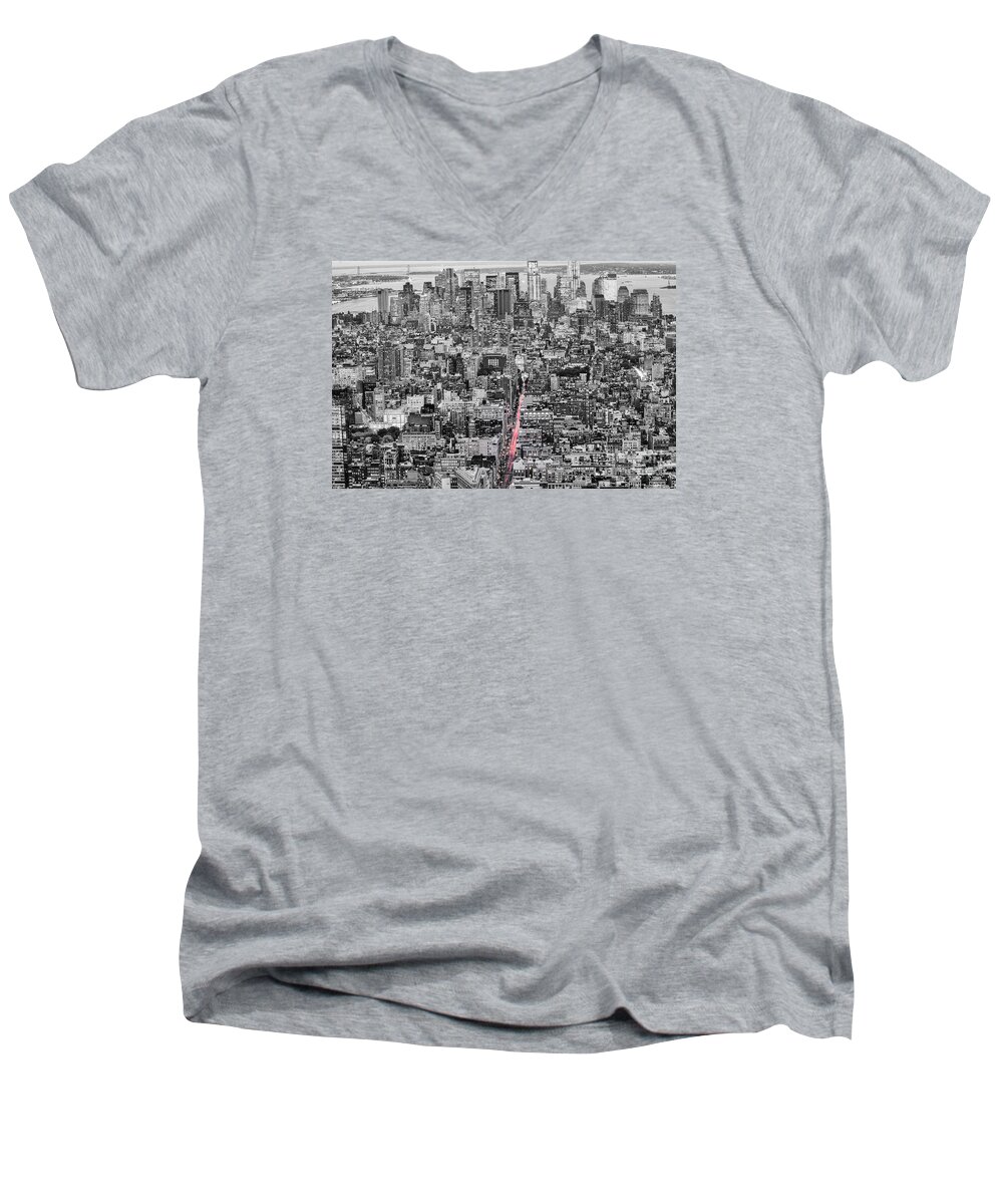 New York Men's V-Neck T-Shirt featuring the photograph New York City Skyline from the Empire State Observation Deck in Black and White - Manhattan Island  by Silvio Ligutti