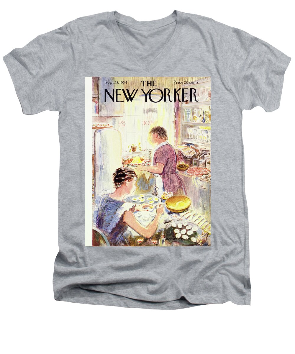 Hostess Men's V-Neck T-Shirt featuring the painting New Yorker September 18 1954 by Garrett Price