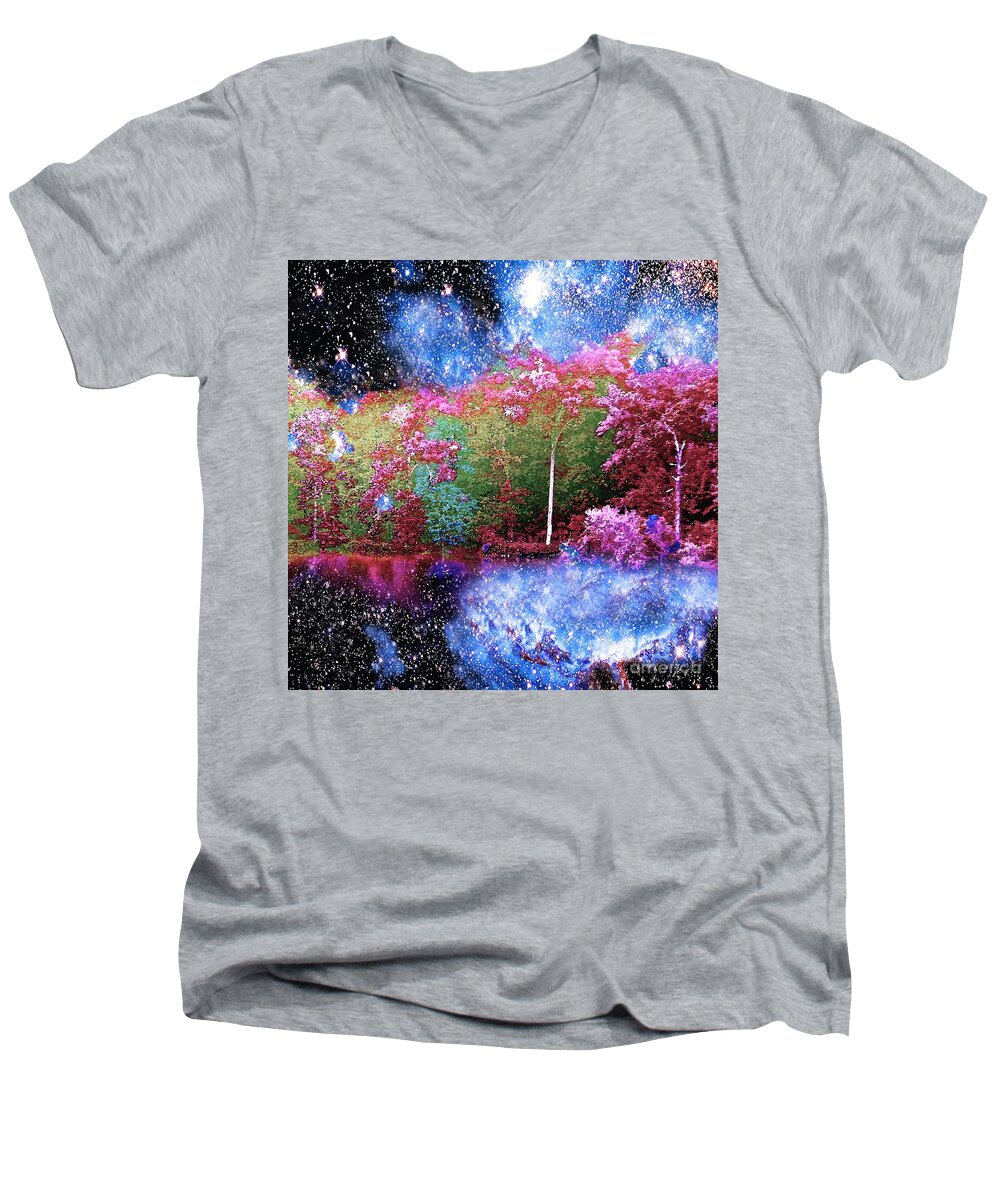 Night Men's V-Neck T-Shirt featuring the painting Night Trees Starry Lake by Saundra Myles