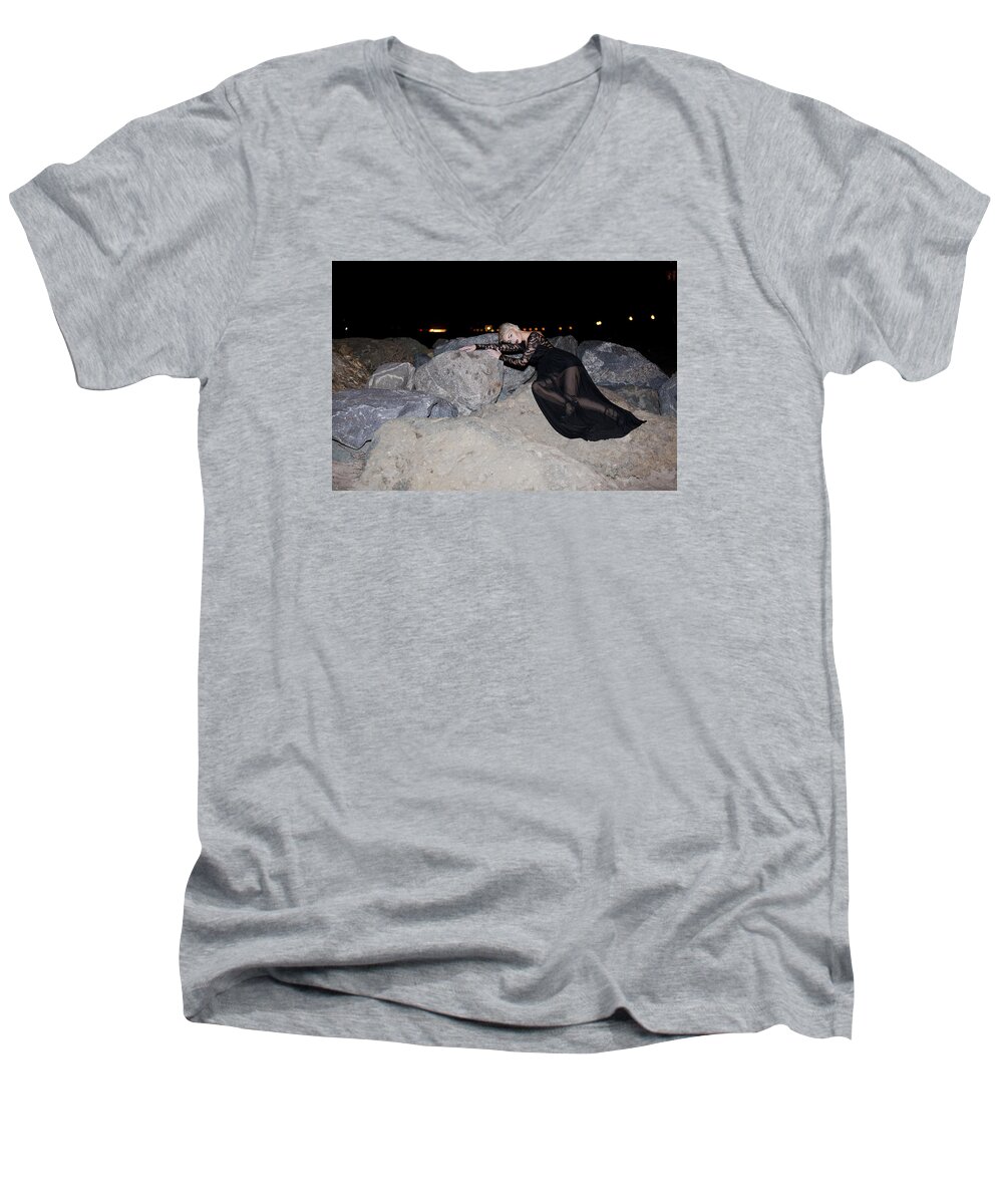 Portrait Men's V-Neck T-Shirt featuring the photograph Nighttime at the Beach by Laura M Corbin