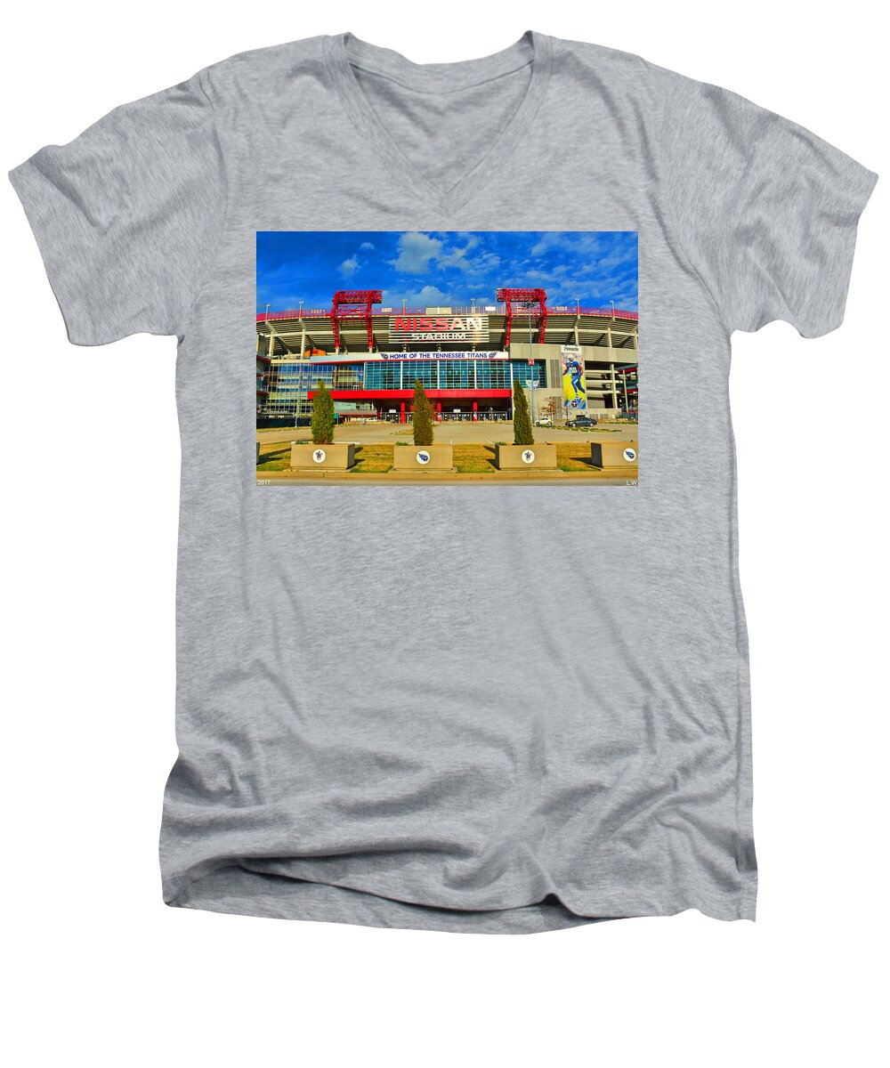 Nissan Stadium Home Of The Tennessee Titans Men's V-Neck T-Shirt featuring the photograph Nissan Stadium Home Of The Tennessee Titans by Lisa Wooten