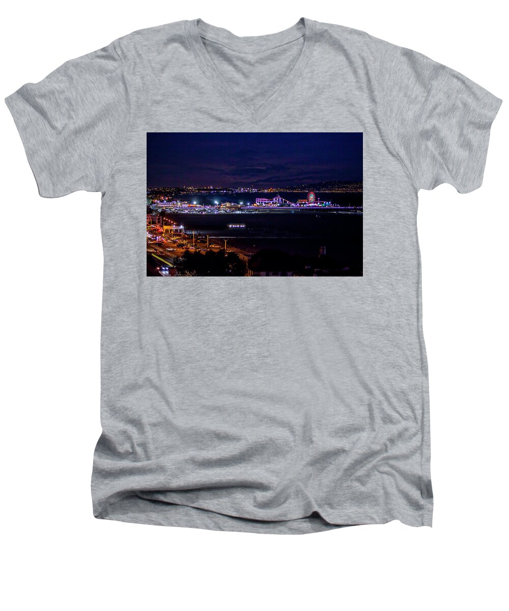 Sunset Men's V-Neck T-Shirt featuring the photograph Nite Life on the Pier by Gene Parks