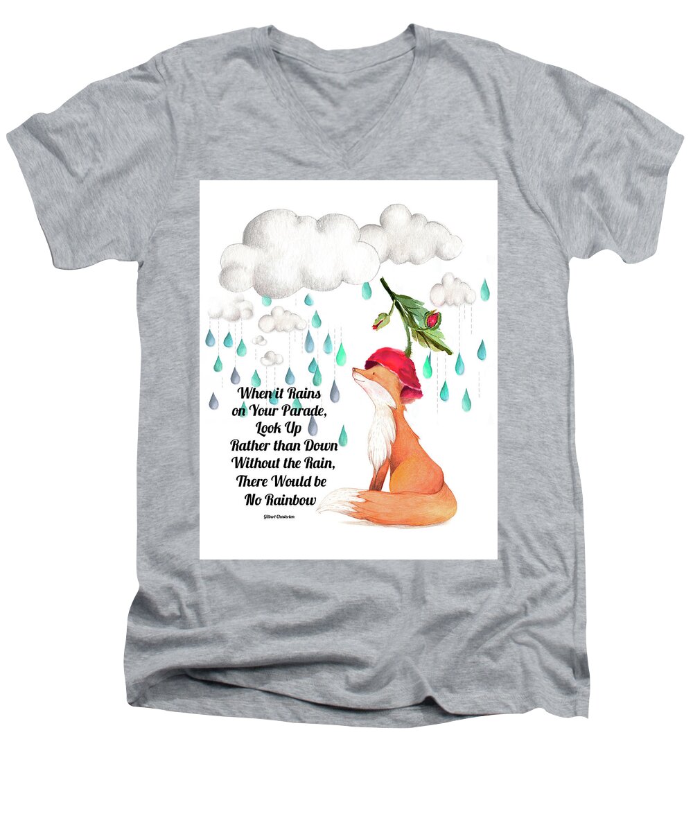 Red Fox Men's V-Neck T-Shirt featuring the digital art No Rain on my Parade by Colleen Taylor