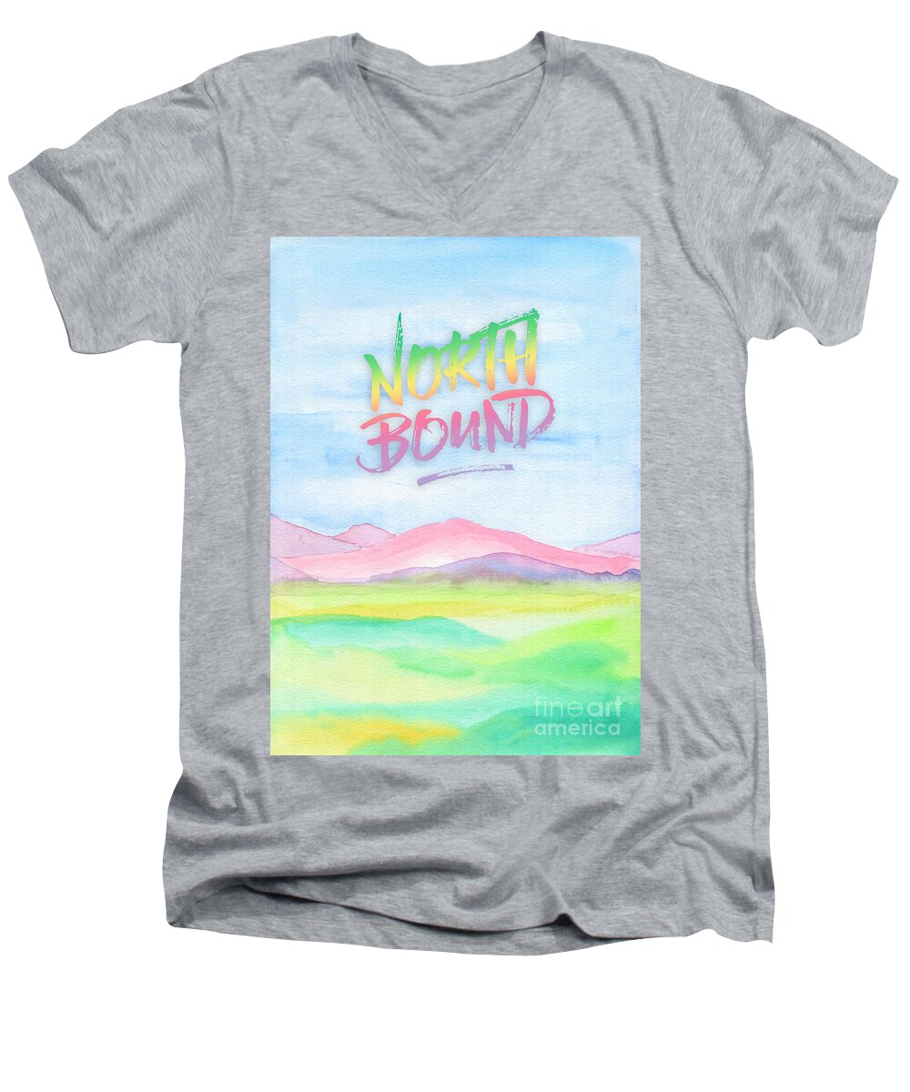 North Bound Men's V-Neck T-Shirt featuring the painting North Bound Pink Purple Mountains Watercolor Painting by Beverly Claire Kaiya