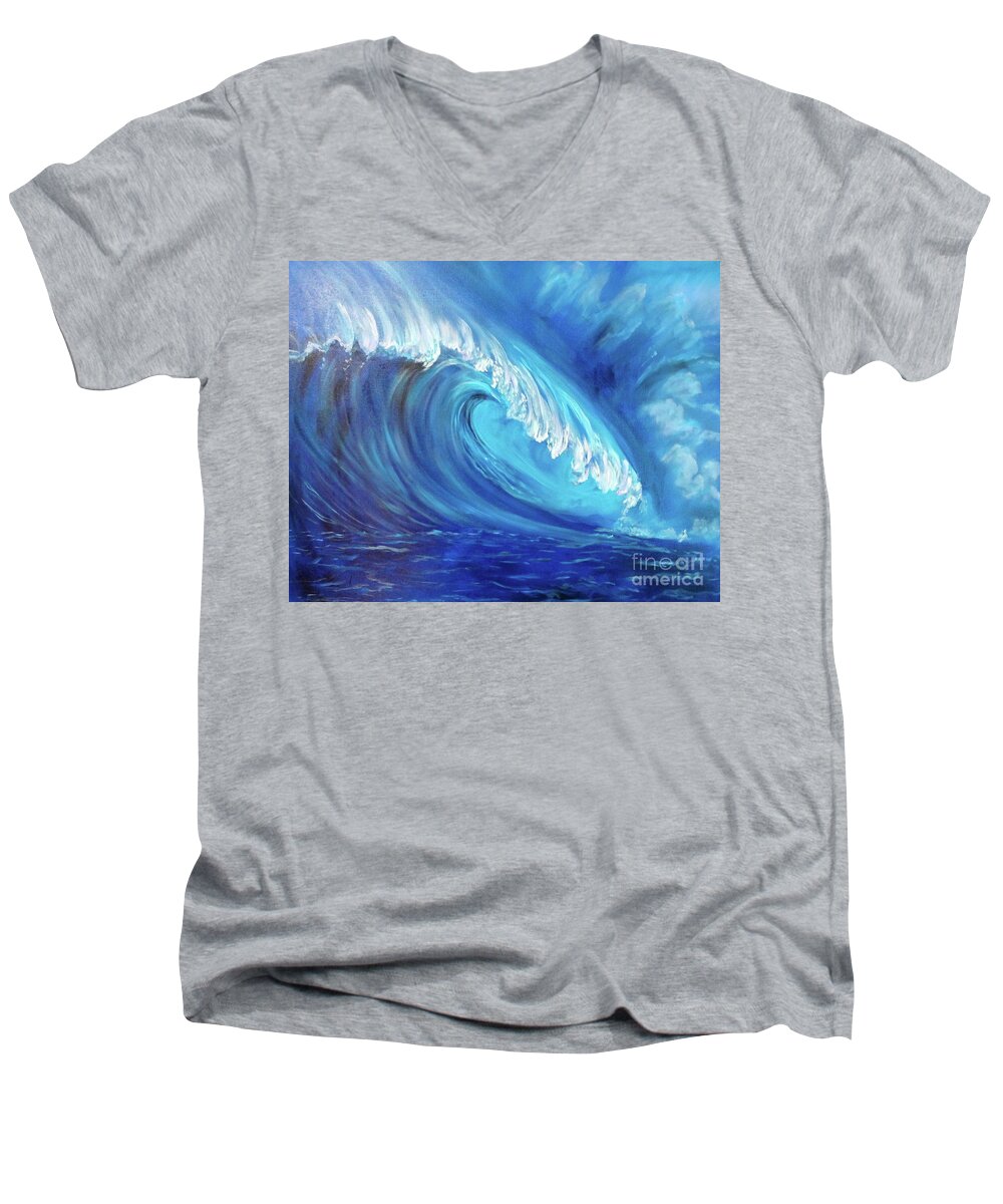 Modern Contemporary Original Men's V-Neck T-Shirt featuring the painting North Shore Wave Oahu 2 by Jenny Lee