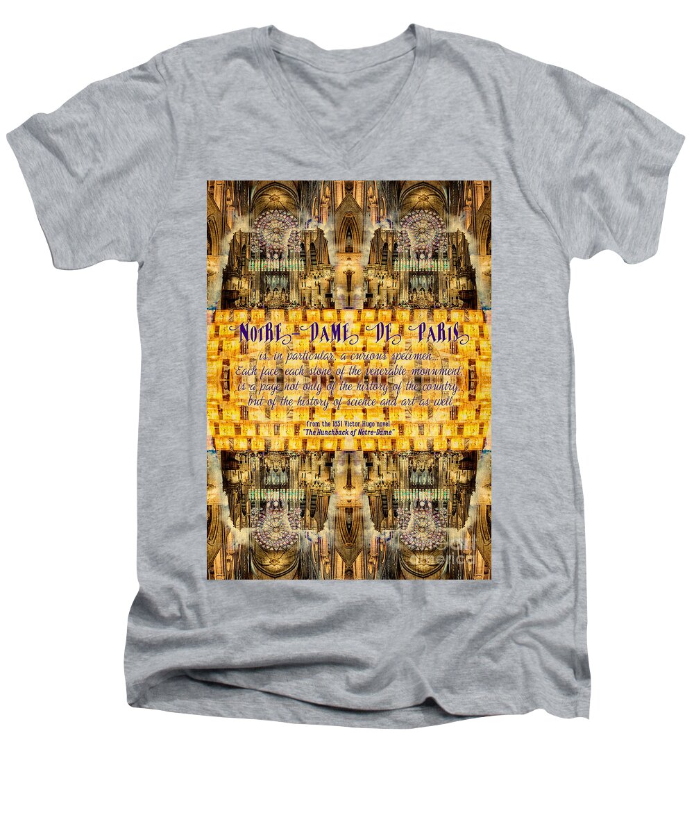 Literary Men's V-Neck T-Shirt featuring the photograph Notre-Dame Cathedral Rose Stained Glass Candles Novel Quote by Beverly Claire Kaiya