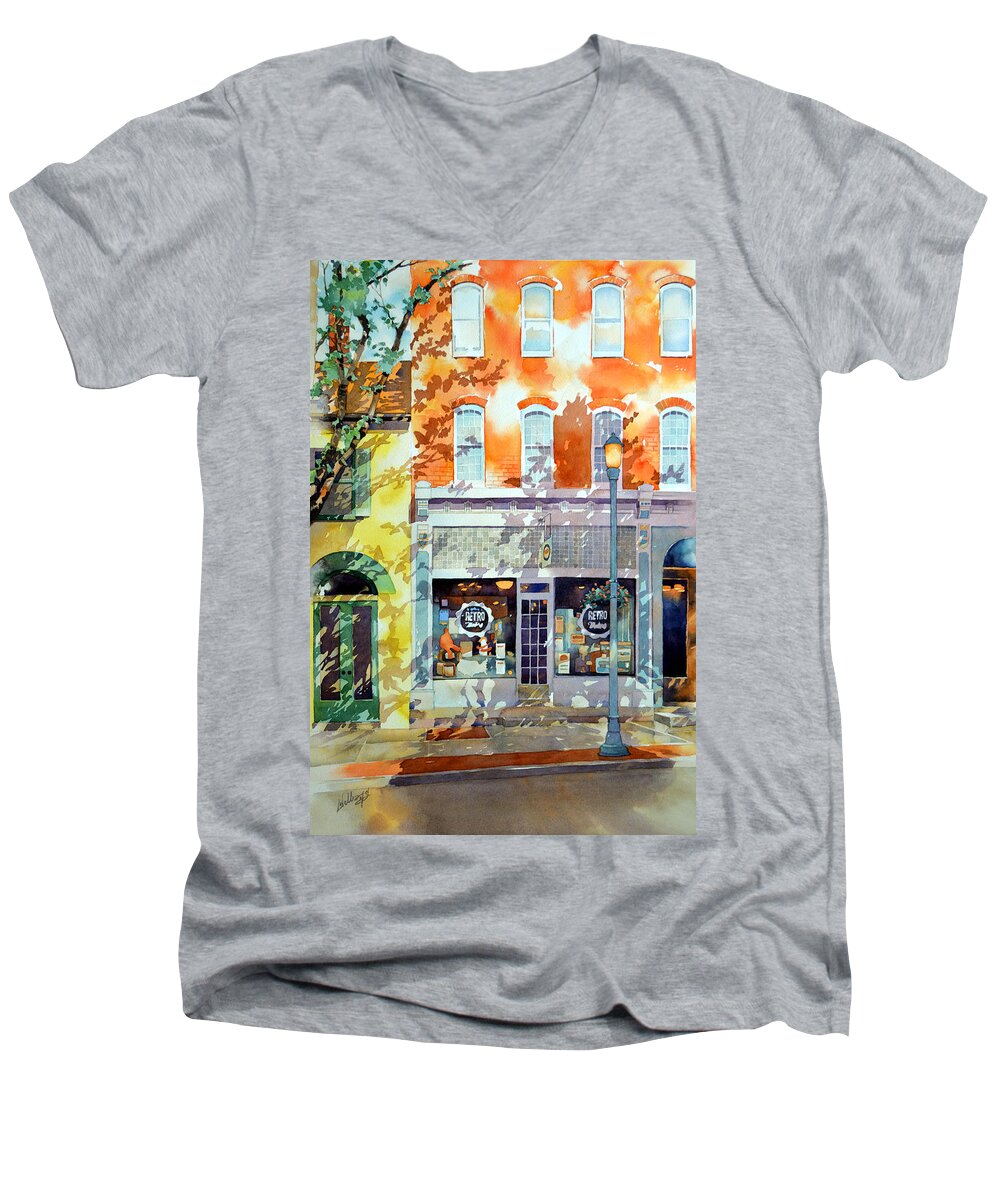 Watercolor Men's V-Neck T-Shirt featuring the painting Novelties by Mick Williams