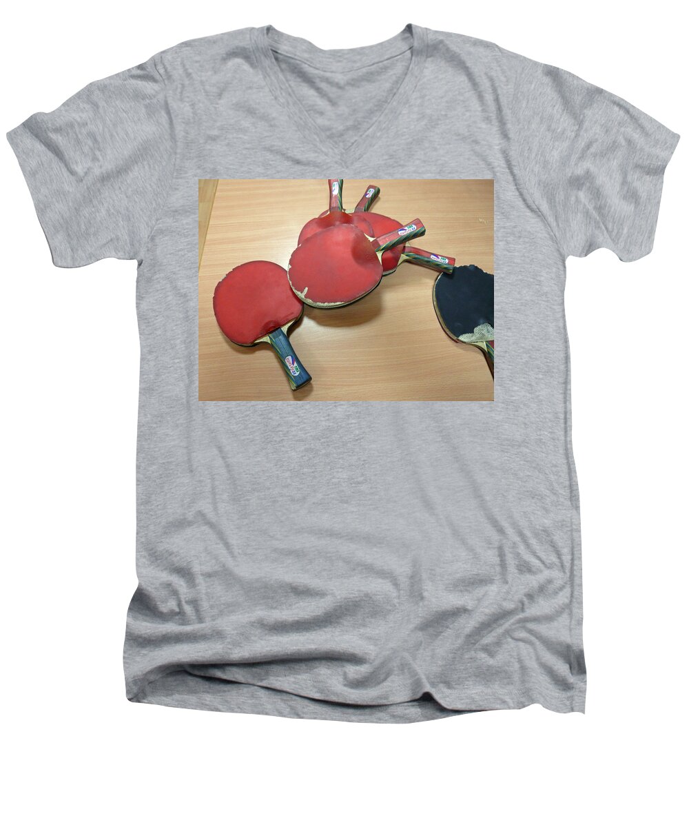 Table Men's V-Neck T-Shirt featuring the photograph Number of ping pong bats piled on a table by Ashish Agarwal