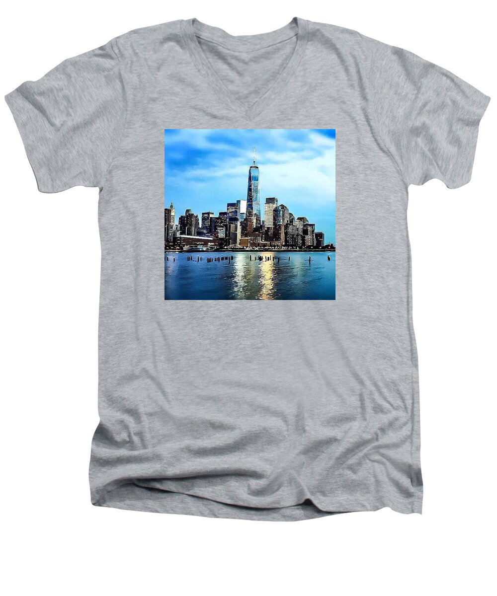 Nyc Skyline Men's V-Neck T-Shirt featuring the photograph NYC- A Blue Day by Diya Baichu
