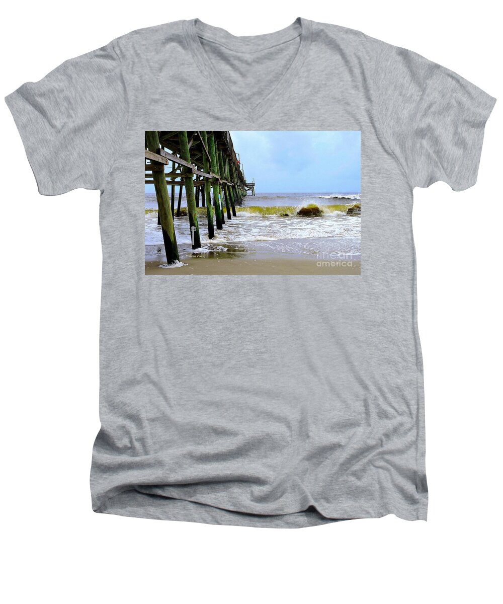 Art Men's V-Neck T-Shirt featuring the photograph Oak Island Pier before H.Matthew by Shelia Kempf