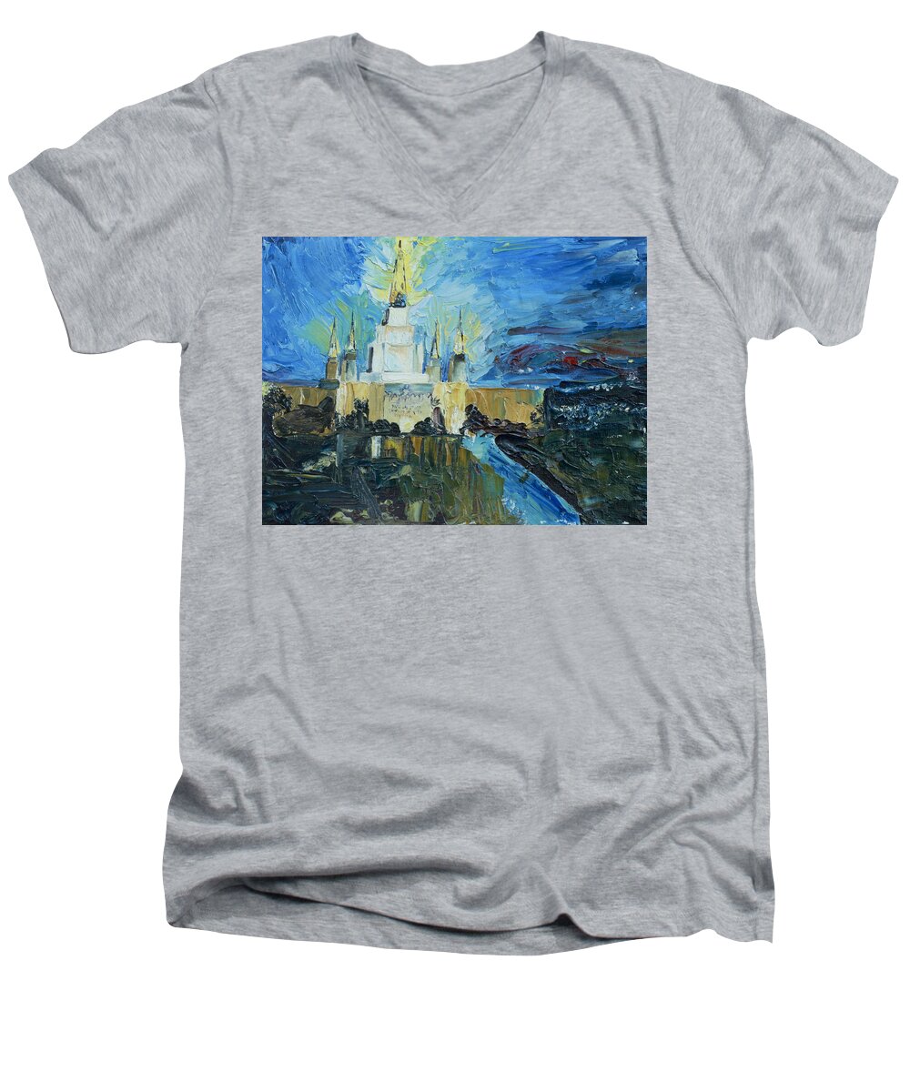 Lds Temple Men's V-Neck T-Shirt featuring the painting Oakland Temple by Nila Jane Autry