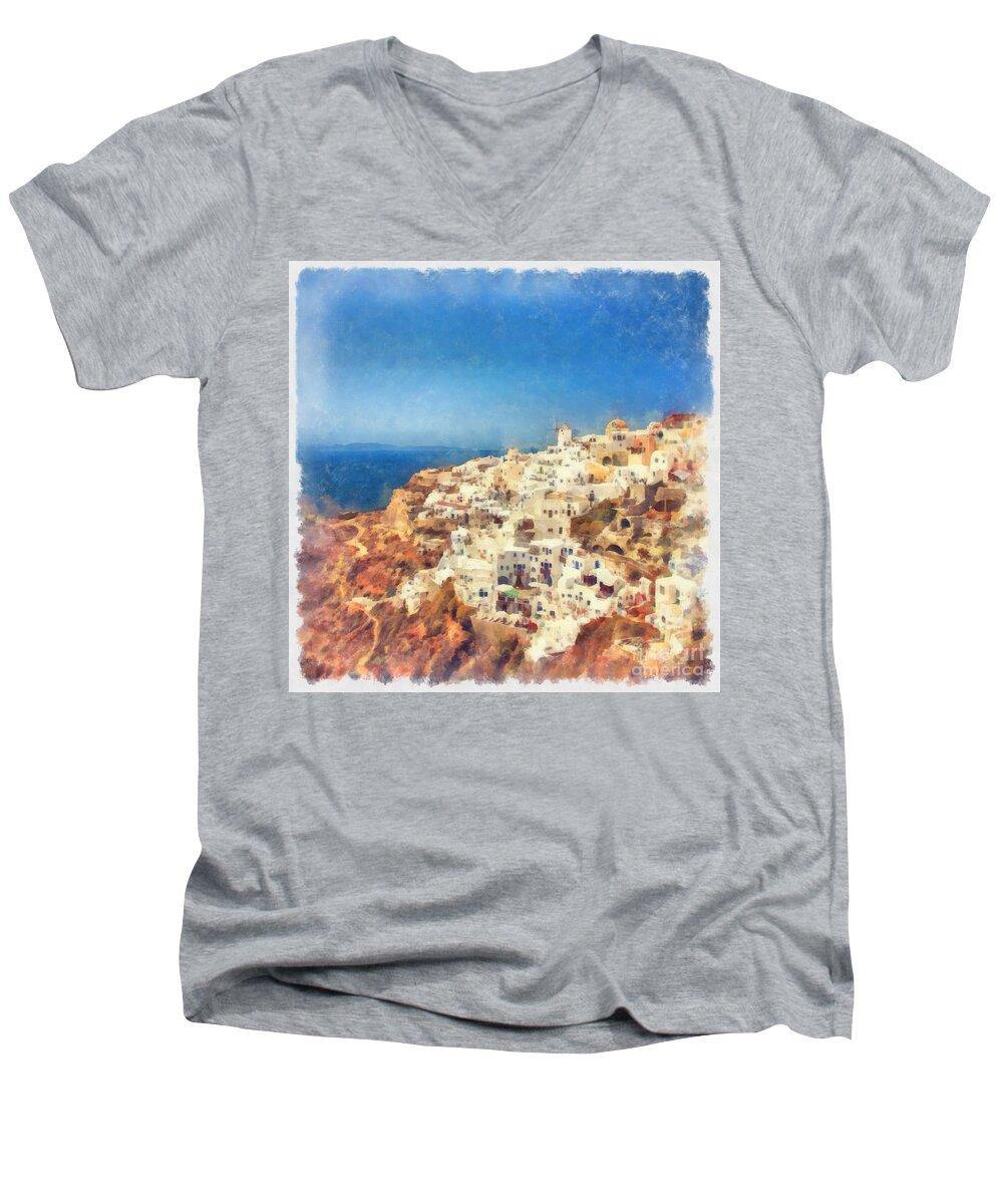 Tourism Men's V-Neck T-Shirt featuring the photograph Oia watercolour by Sophie McAulay