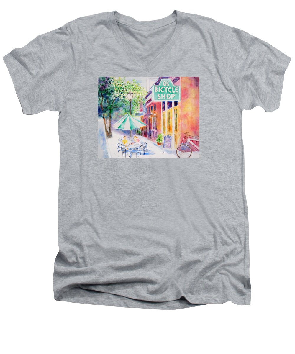 Cityscape Men's V-Neck T-Shirt featuring the painting OK Bicycle Shop by Jerry Fair