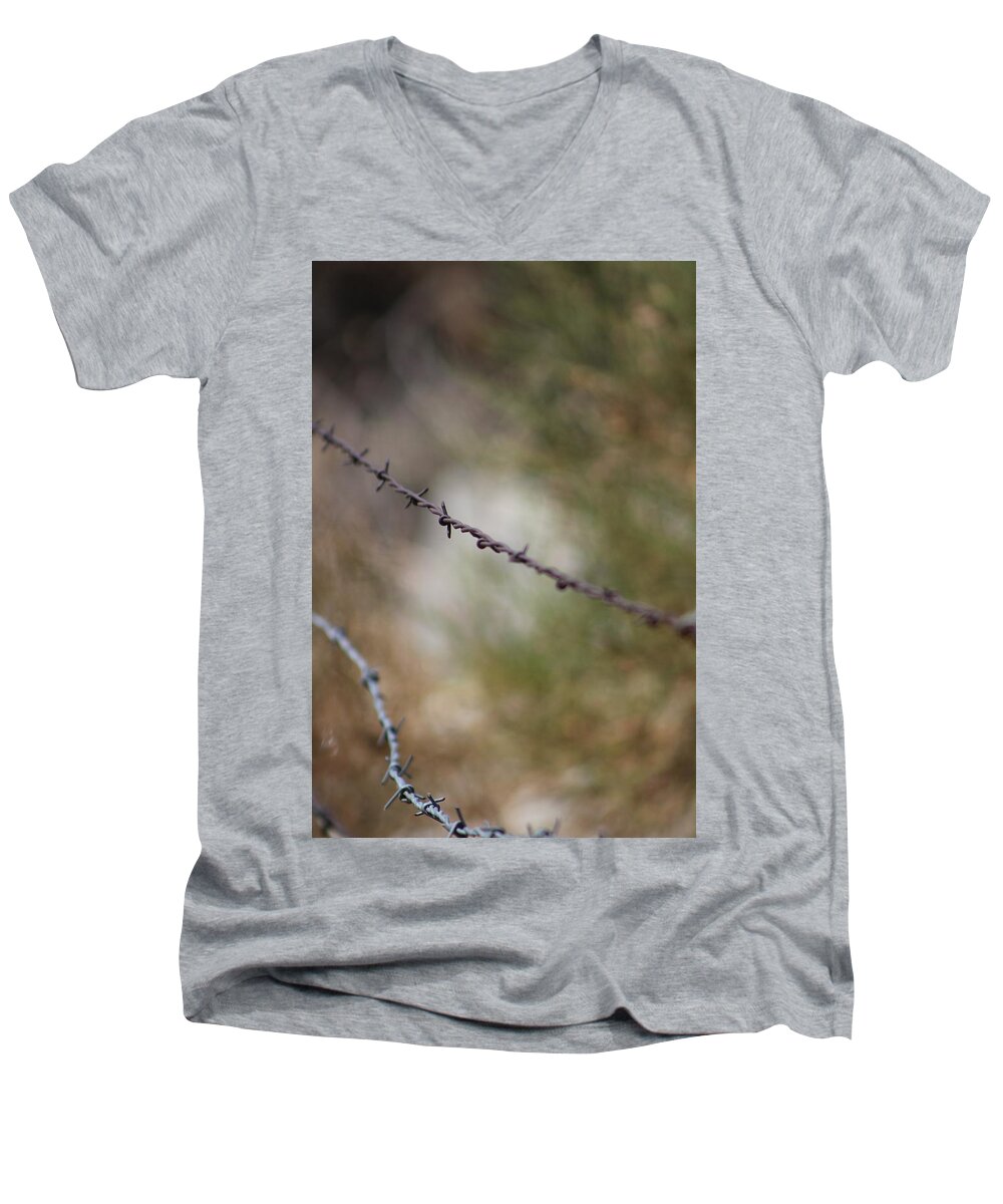 Golden Men's V-Neck T-Shirt featuring the photograph Old Barbed Wire in Autumn Tones - Portrait by Colleen Cornelius