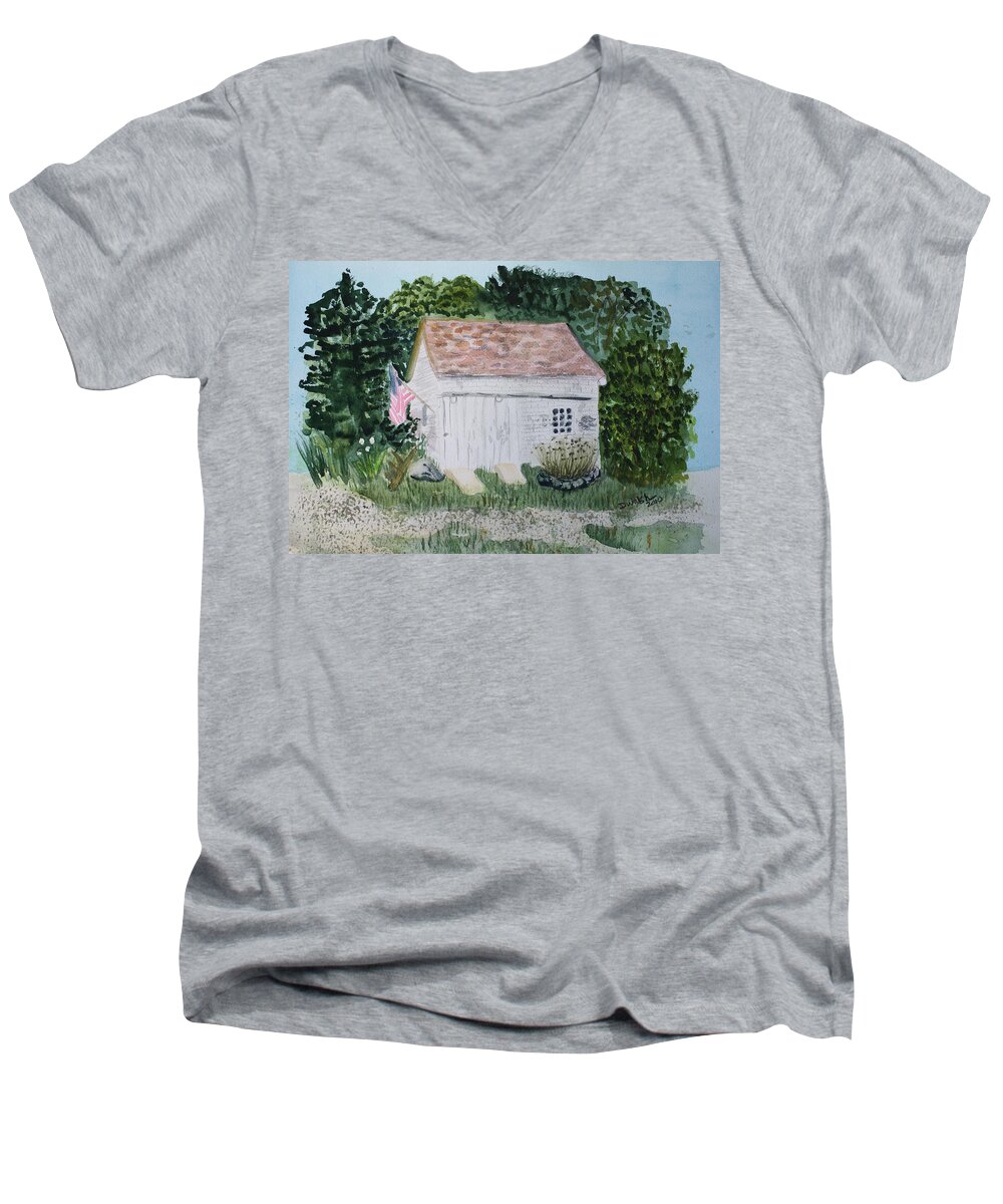 Barn Men's V-Neck T-Shirt featuring the painting Old Barn in Eastham MA by Donna Walsh
