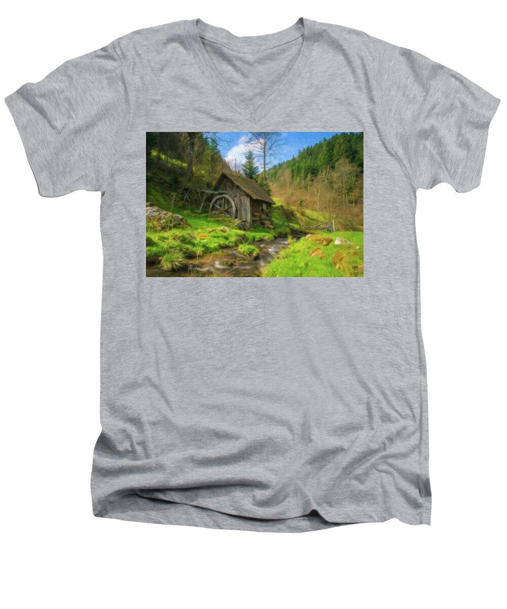 Landscape Men's V-Neck T-Shirt featuring the painting Old Black Forest Mill by Dean Wittle