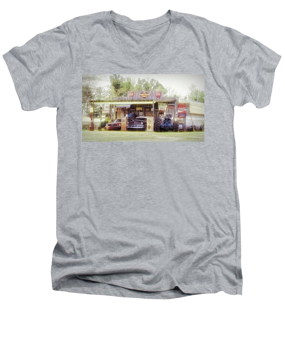 Old Store Men's V-Neck T-Shirt featuring the digital art Old building with old Vehicles by Bonnie Willis