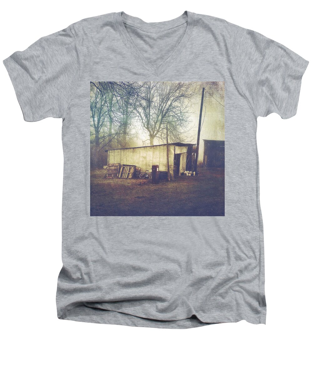 Photography Men's V-Neck T-Shirt featuring the photograph Old Farm Shed And Gas Pump In Fog by Melissa D Johnston