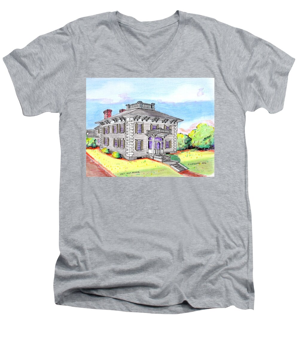 Drawings By Paul Meinerth Men's V-Neck T-Shirt featuring the drawing Old Hunt Hospital by Paul Meinerth