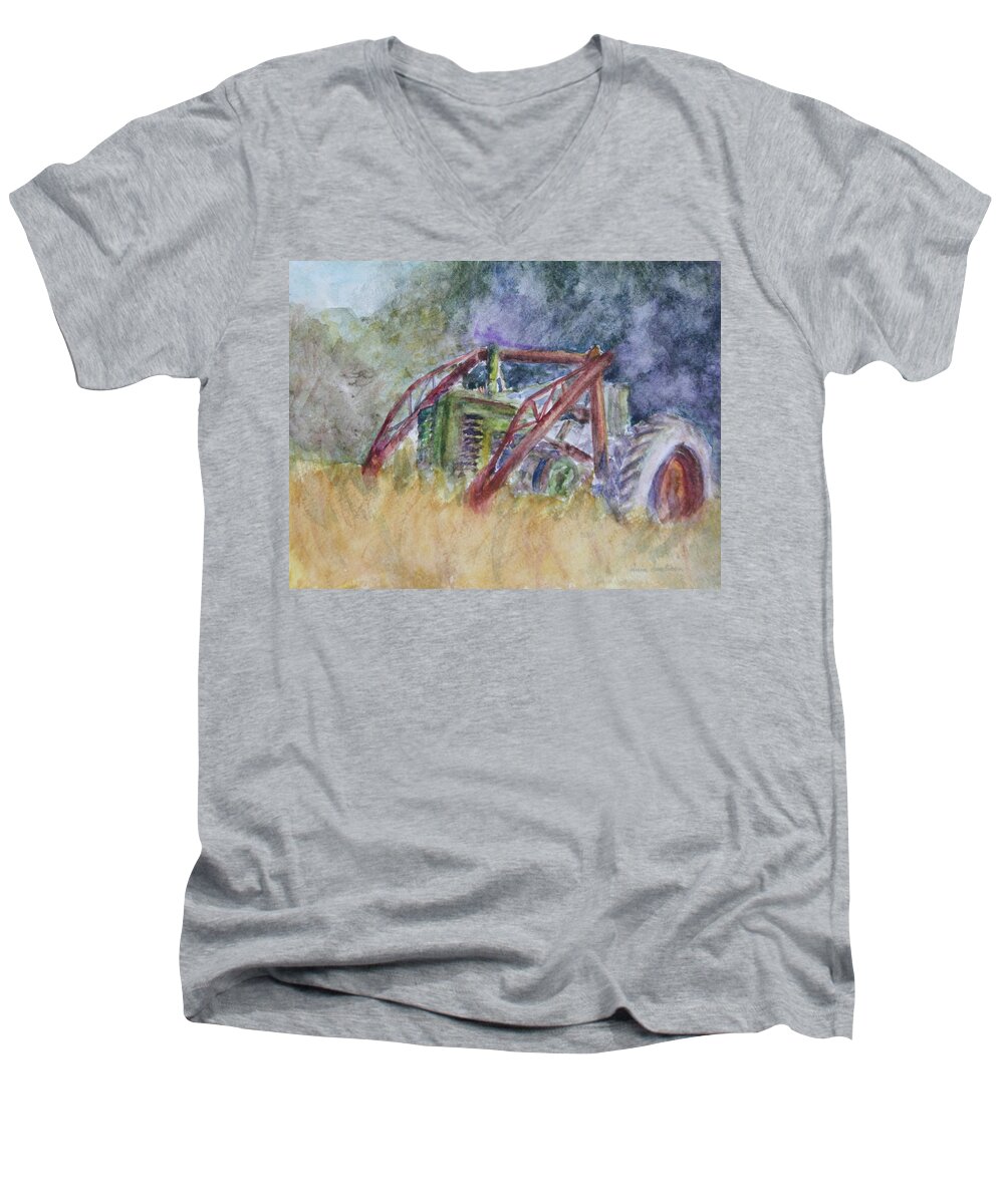 Watercolor Men's V-Neck T-Shirt featuring the painting Old John Deere Tractor in the Back 40 by Quin Sweetman