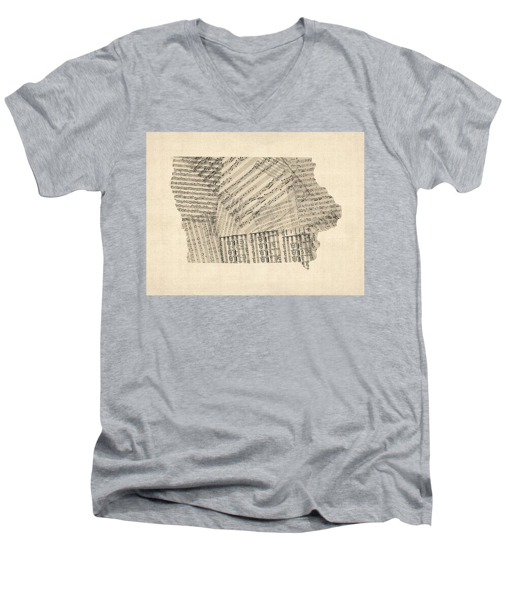 Iowa Men's V-Neck T-Shirt featuring the digital art Old Sheet Music Map of Iowa by Michael Tompsett