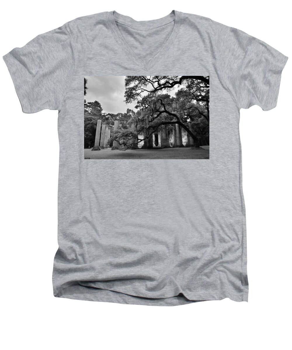 Old Sheldon Church Ruins Black And White 3 Men's V-Neck T-Shirt featuring the photograph Old Sheldon Church Ruins Black And White 3 by Lisa Wooten