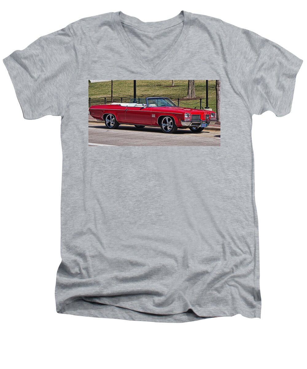 Oldsmobile Men's V-Neck T-Shirt featuring the photograph Oldsmobile Delta Royale 88 Red Convertible by Steven Ralser