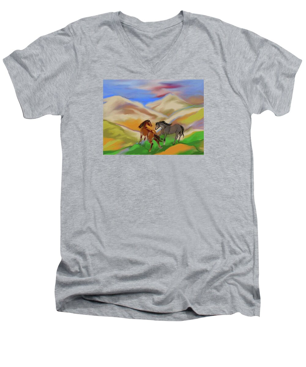 Horses Men's V-Neck T-Shirt featuring the mixed media On the mountian by Mary Armstrong