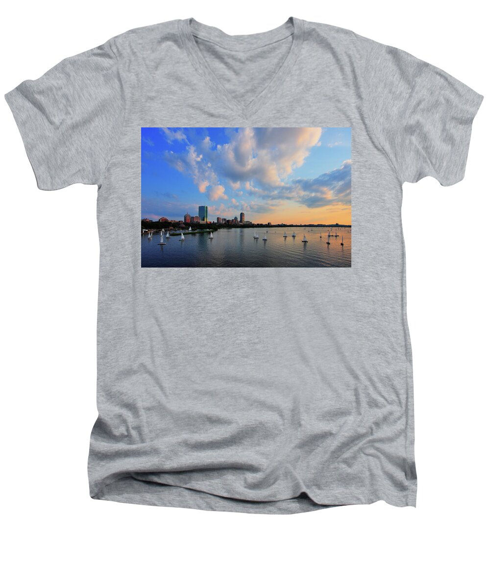 Longfellow Bridge Men's V-Neck T-Shirt featuring the photograph On The River by Rick Berk
