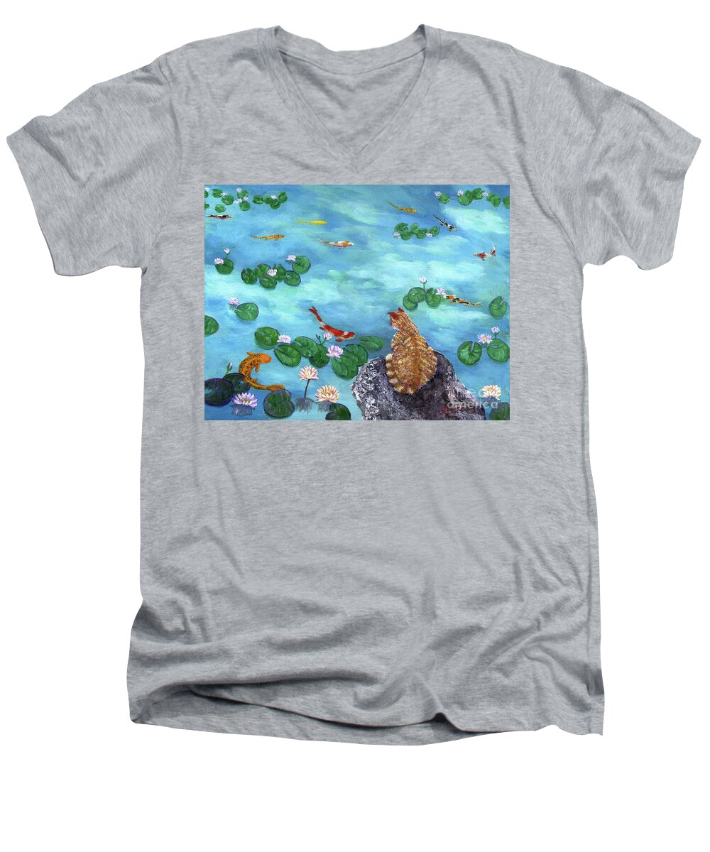 Orange Men's V-Neck T-Shirt featuring the painting Orange Cat at Koi Pond by Laura Iverson