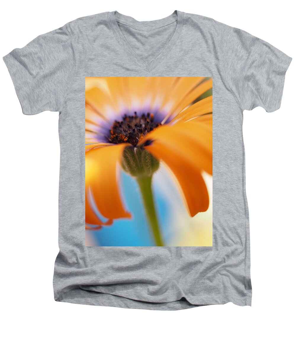 Flowers Men's V-Neck T-Shirt featuring the photograph Orange Symphony Blues by Dorothy Lee