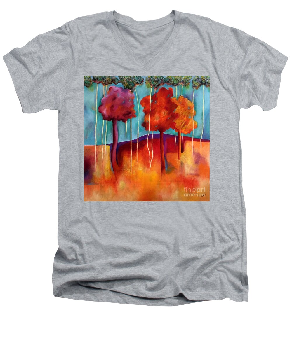 Bold Colors Men's V-Neck T-Shirt featuring the painting Orange Trees by Elizabeth Fontaine-Barr