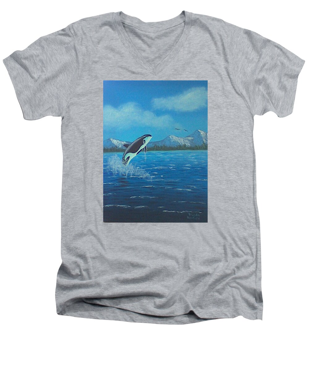 Orca Whale Men's V-Neck T-Shirt featuring the painting Orca by Brenda Bonfield