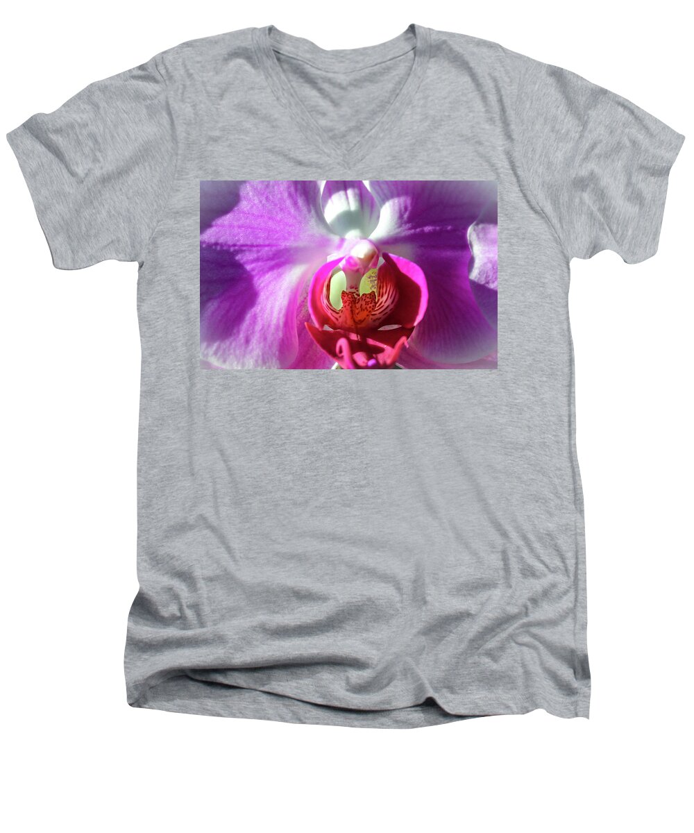 Orchid Men's V-Neck T-Shirt featuring the photograph Kittie's Orchid by Alison Frank