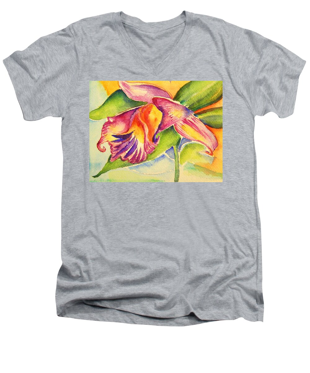 Pink Orchid Men's V-Neck T-Shirt featuring the painting Orchid by Patricia Piffath