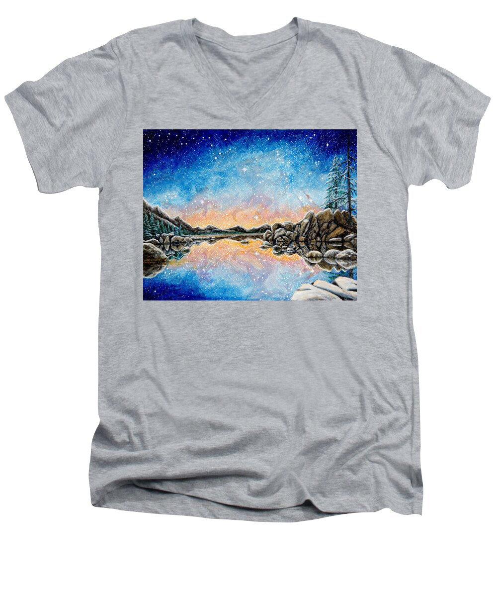 Tahoe Men's V-Neck T-Shirt featuring the painting Orion over Tahoe Winter by Matt Konar