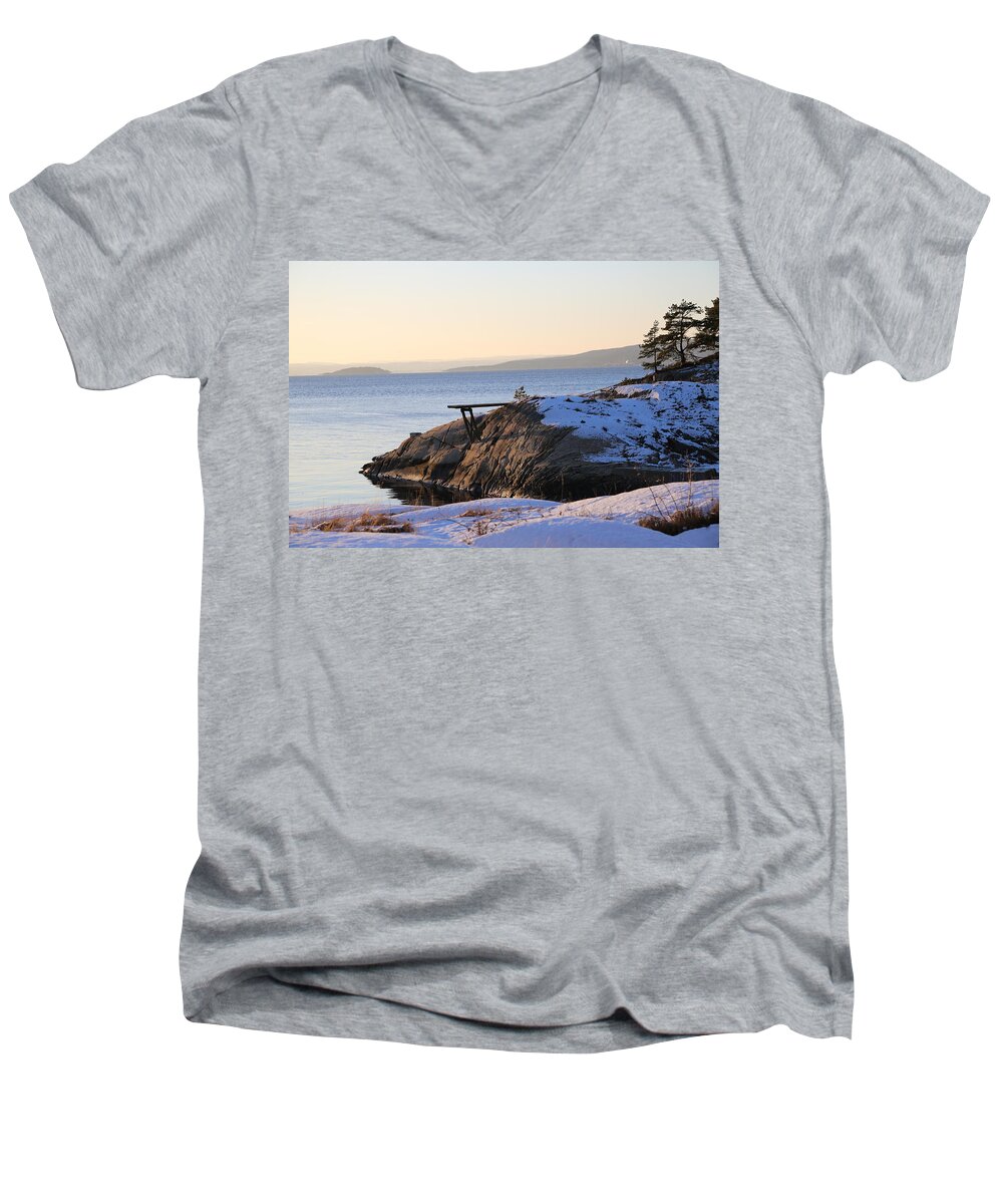 Fjords Men's V-Neck T-Shirt featuring the digital art Oslo Fjords, Norway by Jeanette Rode Dybdahl