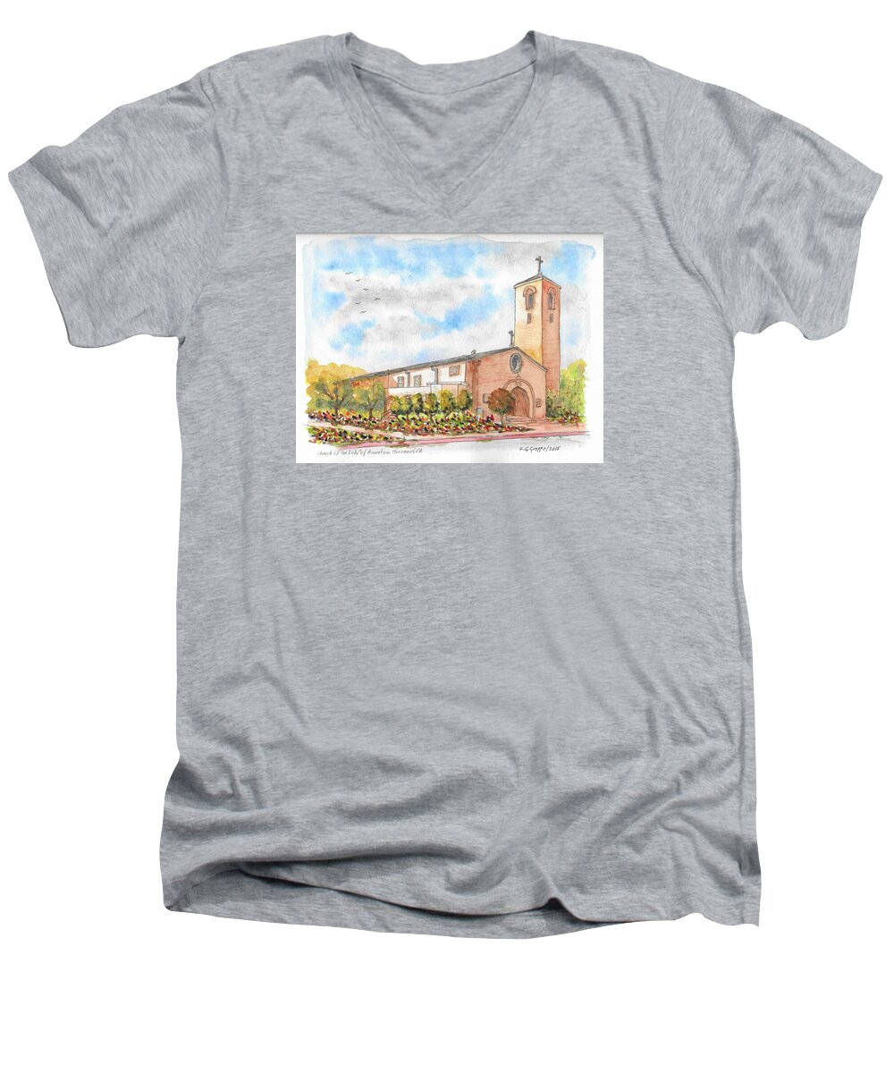 Our Lady Of Assumption Catholic Church Men's V-Neck T-Shirt featuring the painting Our Lady of Assumption Catholic Church, Claremont, California by Carlos G Groppa