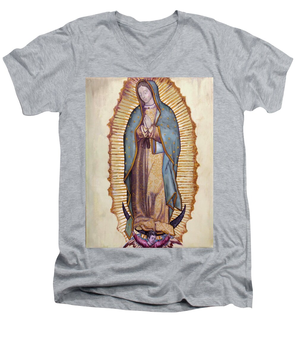 Catholic Men's V-Neck T-Shirt featuring the painting Our Lady of Guadalupe by Richard Barone