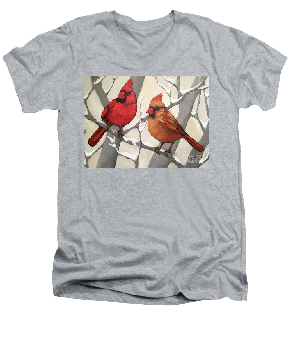 Bird Men's V-Neck T-Shirt featuring the painting Our visitors cadinals by Inese Poga